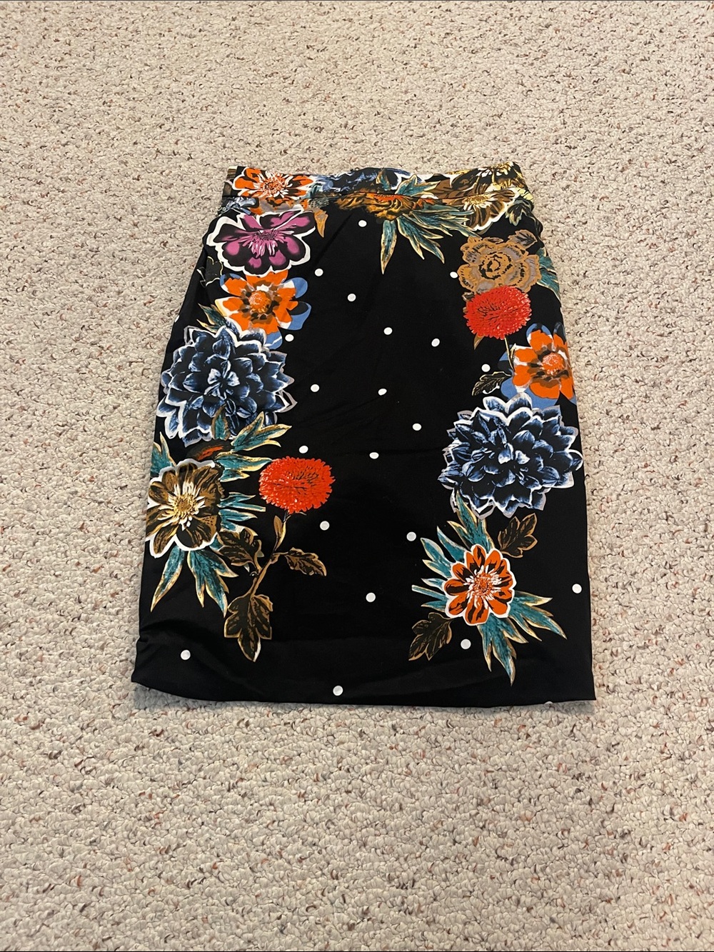 Anthropologie- Yoana Baraschi Black Floral Pencil Skirt with Polka Dots